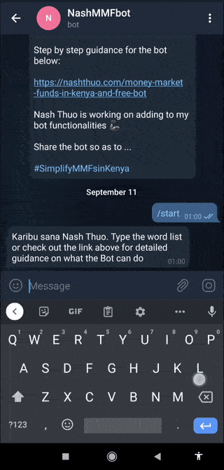 GIF of how the list command for the Money Market Fund Calculator Kenya Bot works