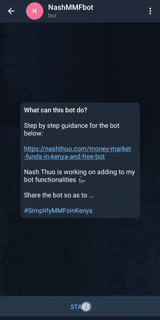 Welcome screen for the Money Market Fund Calculator Kenya bot. The bot simplifies investing with Money Market Funds in Kenya
