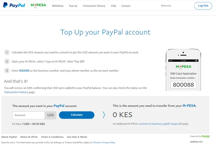PayPal MPESA Top Up Process for transfers from MPESA accounts to PayPal. Enter USD equivalent continue (consider the applicable exchange rate).