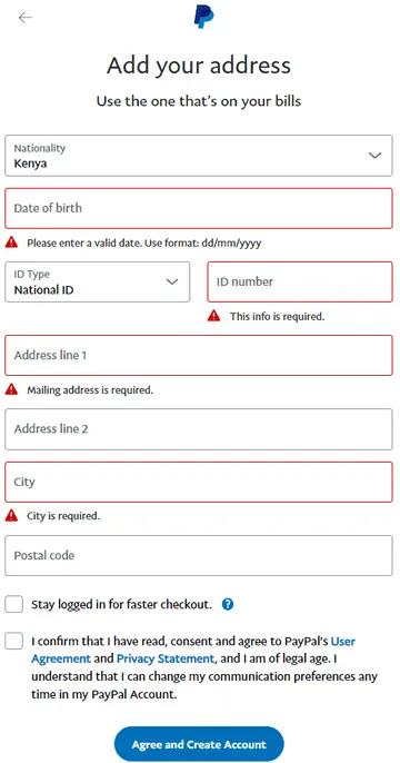 How to create a PayPal account in Kenya - Add your address page