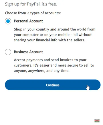 PayPal in Kenya - Choose Account type page. It can be either a Personal account or a PayPal Business account.