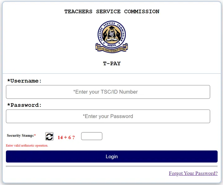 TSC Payslip Login Window of the Teachers Service Commission portal Login to the T-PAY portal and view or download your latest TSC payslip via https://tpay.tsc.go.ke/
