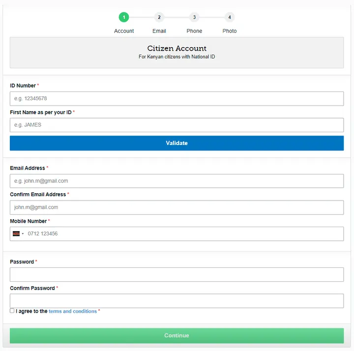 Creating eCitizen access for a Kenyan national
