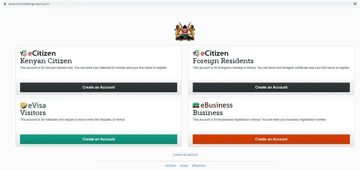 The various options to register in the eCitizen website Toggle navigation for the government services you want.