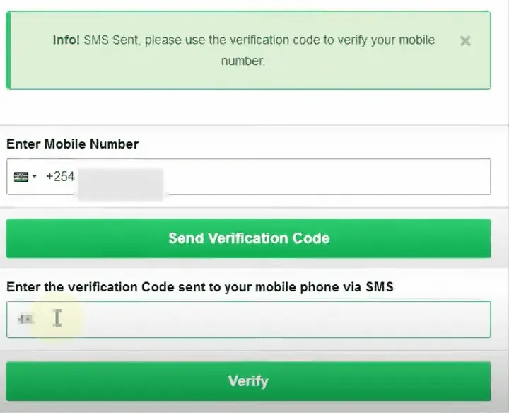 mobile number verification page on the eCitizen portal